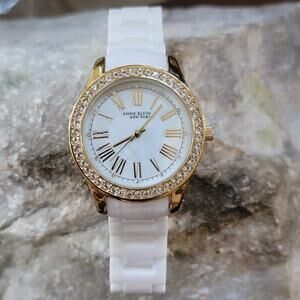 Anne Klein Crystal Bezel Watch White Bracelet Gold Tone Roman Dial 35mm Quartz